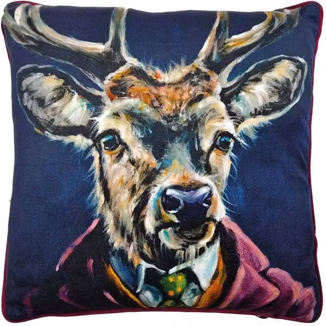 Louise Brown Clyde Square Filled Velvet Cushion in Brown, Blue and Multicolour