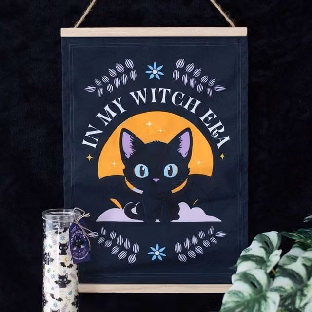 Uniqueful In My Witch Era Bat Cat Fabric Wall Hanging in Black