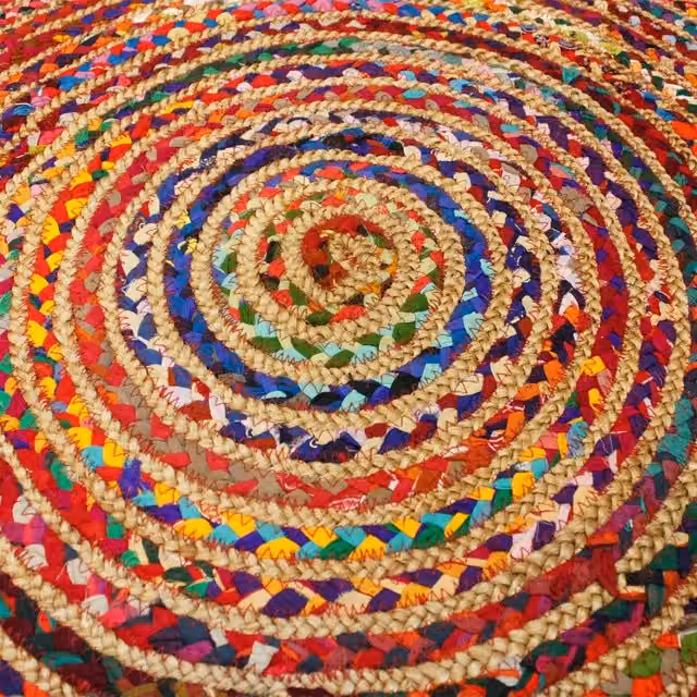 KDMK Handmade Round Woven Jute and Recycled Cotton Rug in Multicolour Abstract Boho Style