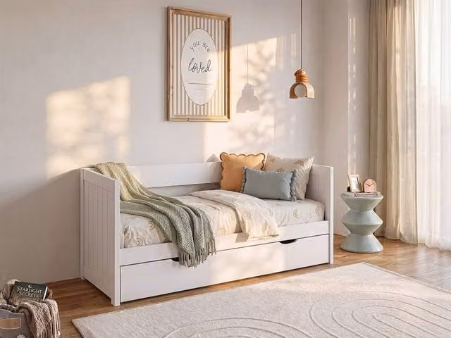 Vente-unique Single Trundle Bed with Extendable Base and Drawer in White, W/D/H: 90 x 190 cm