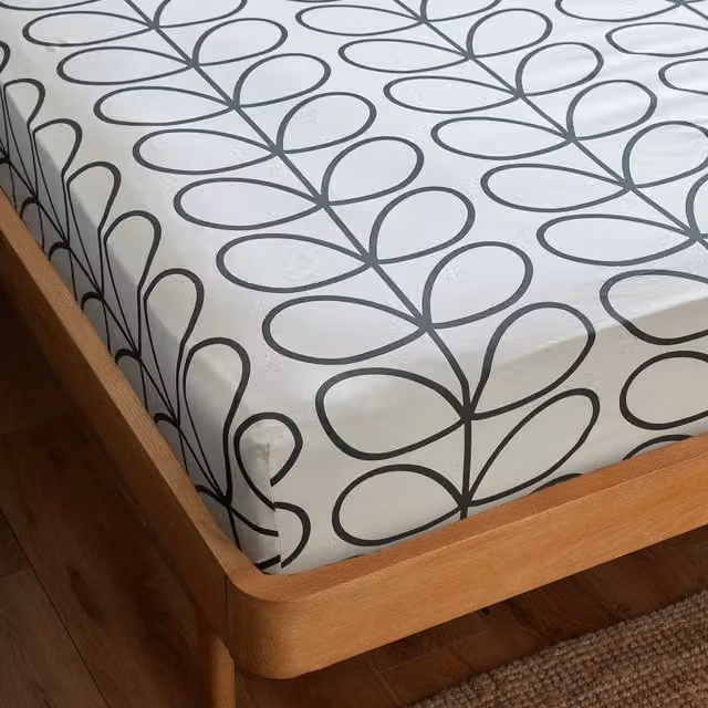 Orla Kiely Linear Stem Cotton Fitted Bed Sheet, Charcoal Grey and White, Depth: 32 cm