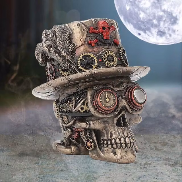 Nemesis Now Steampunk Clockwork Baron Skull Figurine Ornament in Brown, Gold, Red and Bronze, Height: 11 cm