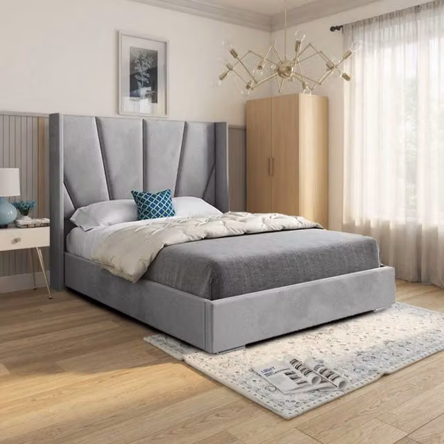 KDMD Glapthorn Wide Curved Grey Soft Velvet Upholstered Designer Bed Frame, W/D/H: 140 x 200 x 137 cm