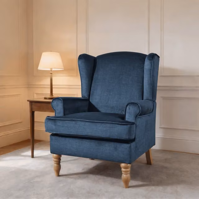 Home Source Helena Traditional High Back Wing Back Accent Armchair in Dark Blue Fabric