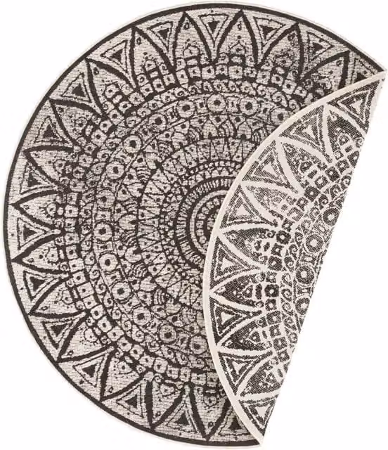 THE RUGS Lilja Vintage Round Indoor Outdoor Reversible Easy Care Rug in Black, Diameter: 140 cm