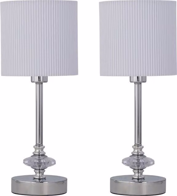 First Choice Lighting Set of 2 Chrome Jewelled Table Lamps with White Fabric Pleat Shades in Silver