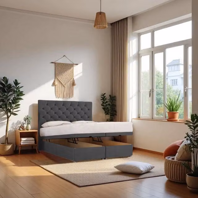 Knight Sleep Athens Small Double End Opening Ottoman Bed with Hybrid Mattress and 24 inch Headboard in Grey