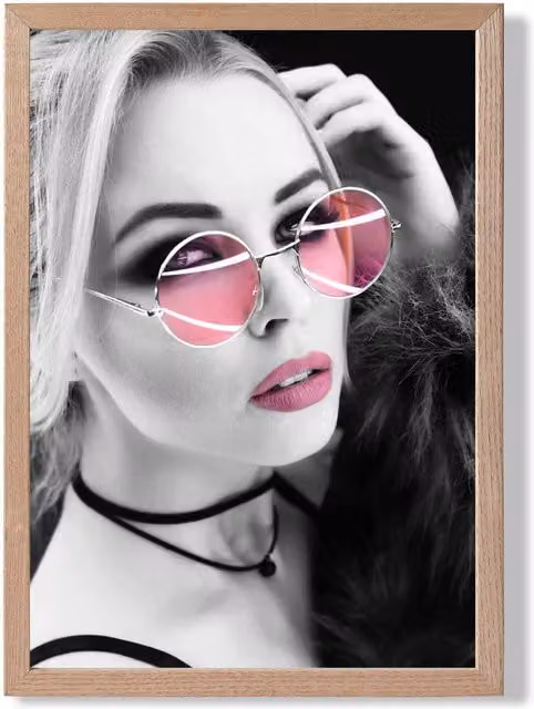 ARTZE Girl with Pink Sunglasses Black and White Framed Photo Print with Oak Wood Frame, A3