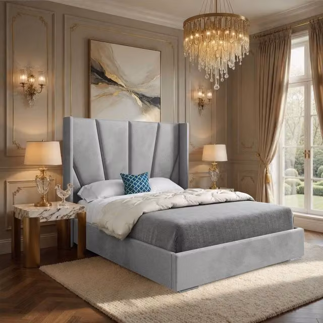 Casani Falmouth Upholstered Velvet Designer Bed Frame in Grey, W/D/H: 144 x 137 x 200 cm