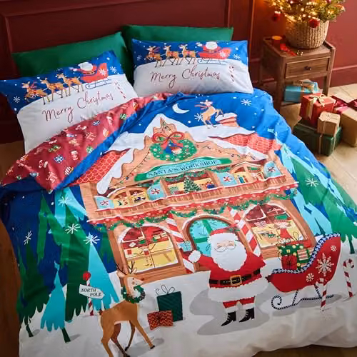 Catherine Lansfield Christmas Santa's Workshop Reversible Duvet Cover and Pillowcase Set, Multicolour, W/D/H: 180 x 200 cm, Pillowcases: 50 x 75 cm