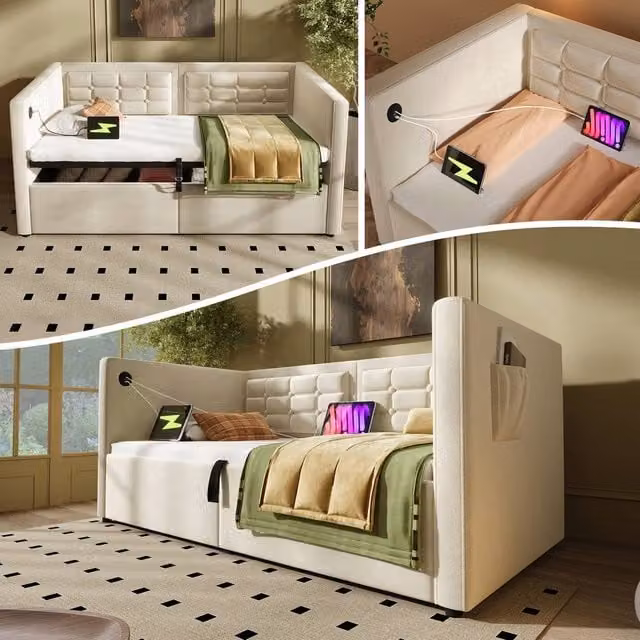 BTM Velvet Upholstered Daybed in Beige with USB Charging Port and Hydraulic Lift-Up Storage, W/D/H: 190 x 90 x 75 cm