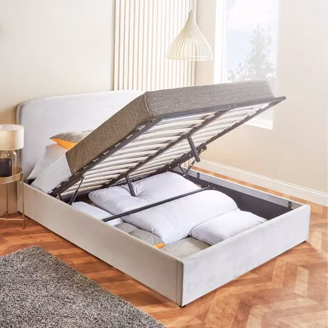 Home Treats Grey Velvet Upholstered Ottoman Bed with Hybrid Pocket Memory Foam Mattress, W/D/H: 90 x 200 cm