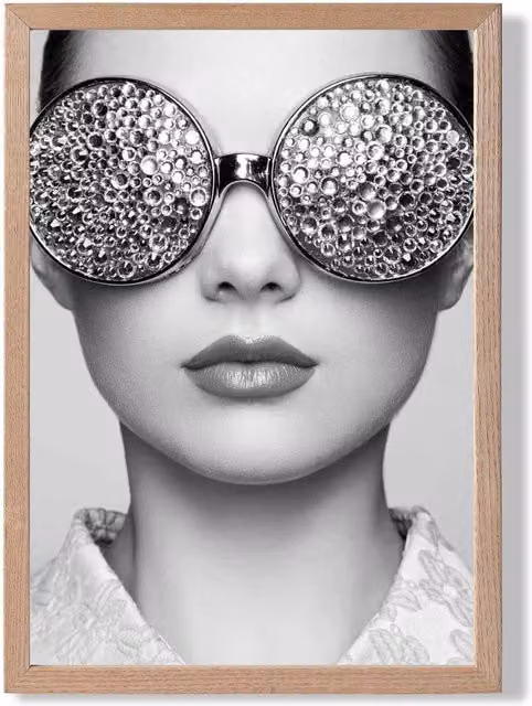 ARTZE Girl with Silver Bling Sunglasses Black and White Framed Photo Print with Oak Frame