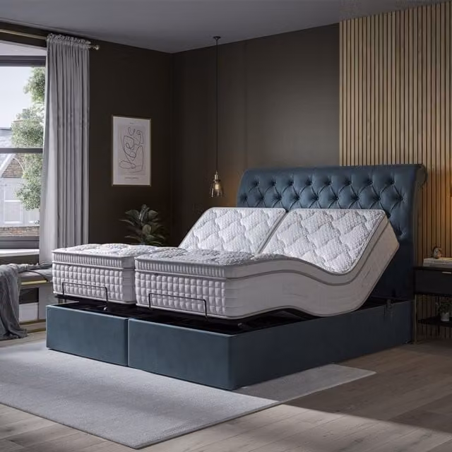 Paradies Blue Velvet Chesterfield Electric Adjustable Button Bed with Mattress