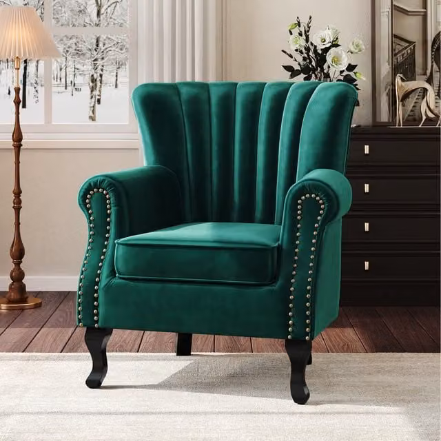 Komore Green Velvet Wingback Armchair with Stud Details