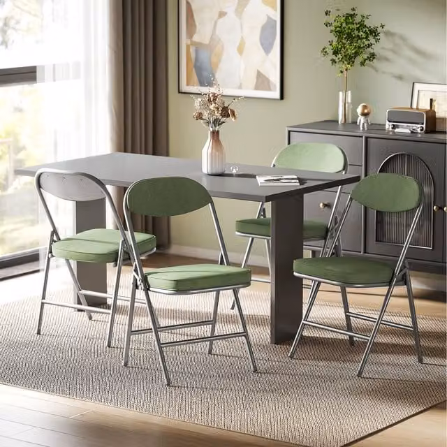 HOMCOM Set of 4 Folding Chairs with Cushioned Fabric Seats and Steel Frame, Green