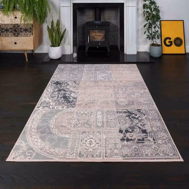 The Rug House Blush Pink and Grey Traditional Patchwork Living Room Rug, W: 170 cm, D: 120 cm