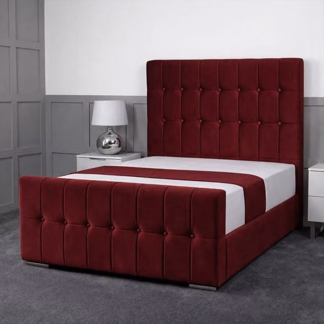 Living Comfort Bedz Belmont King Size Plush Velvet Upholstered Bed with Slatted Base and 48 Inch Headboard in Maroon