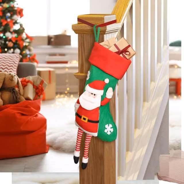Dibor Set of 2 Red Santa Hanging Legs Christmas Stockings and Gift Bags in Green and White