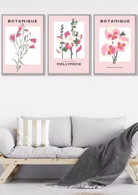 ARTZE Set of 3 Pink Hollyhock Flower Market Botanical Wall Art Illustrations in Light Grey Wood Frames, W: 33 cm, H: 45 cm, D: 2 cm
