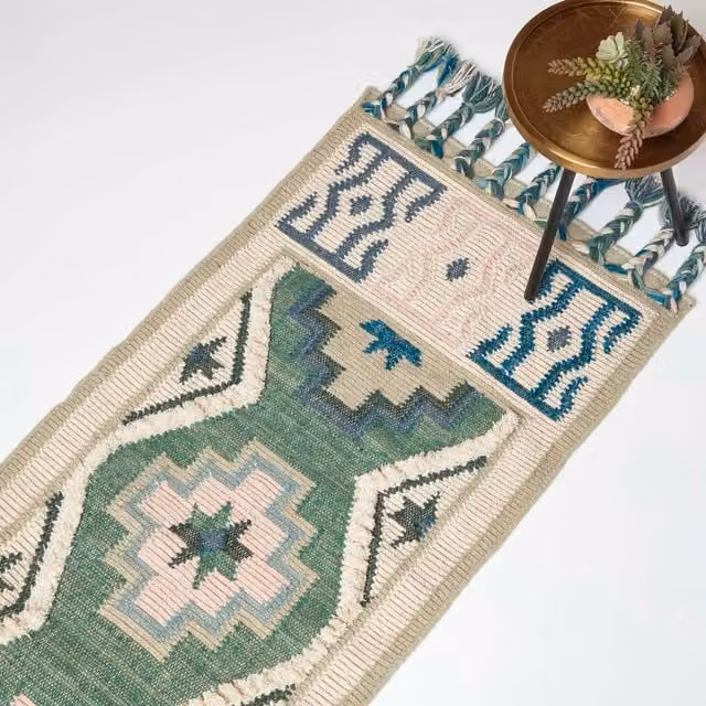 Homescapes Matala Green and Blue Kilim Wool and Cotton Rug, Rectangular, Width: 200 cm