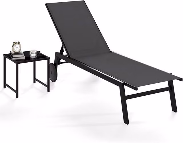 Costway Grey Patio Chaise Lounge Set with Side Table and Adjustable Headrest