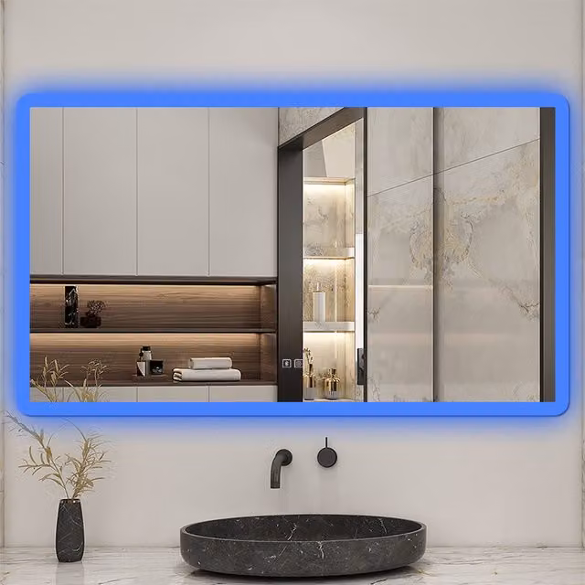 AicaBathroom Modern Rectangular LED Bathroom Mirror with Dimmable White and Blue Light and Speaker, White, Width: 70 cm