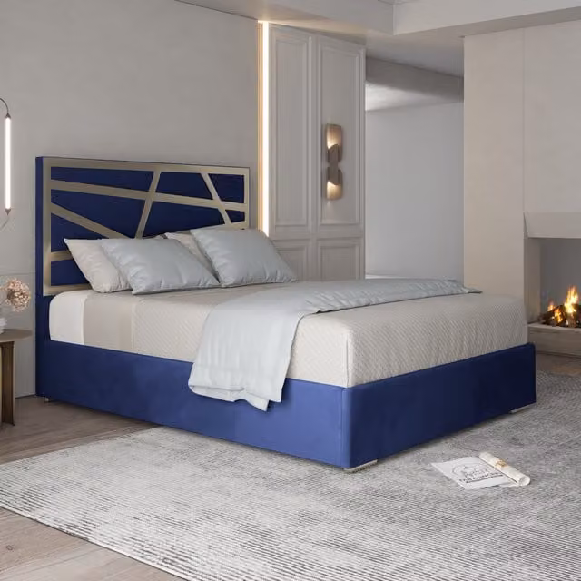 Cloudrest Modern Velvet Upholstered Metal Bed Frame in Blue, 140 x 200 cm