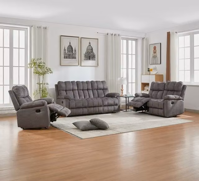 FURNITURE ONE Modern Manual Recliner Sofa Set in Grey Fabric Upholstery, including 1+2+3 Seater Suite with Scatter Cushions