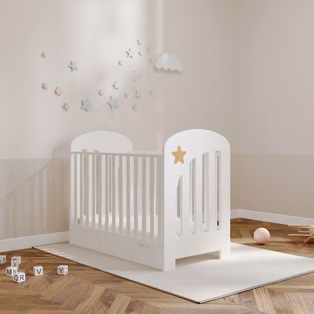 Viculii Minimalist White Baby Cot with Drop Side and Drawers, W/D/H: 120 x 60 x 60 cm