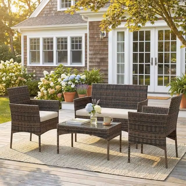 Outsunny 4 Piece Brown Polyrattan Garden Furniture Set with Upholstered Cushions, 2 Seater Sofa, Armchair and Coffee Table