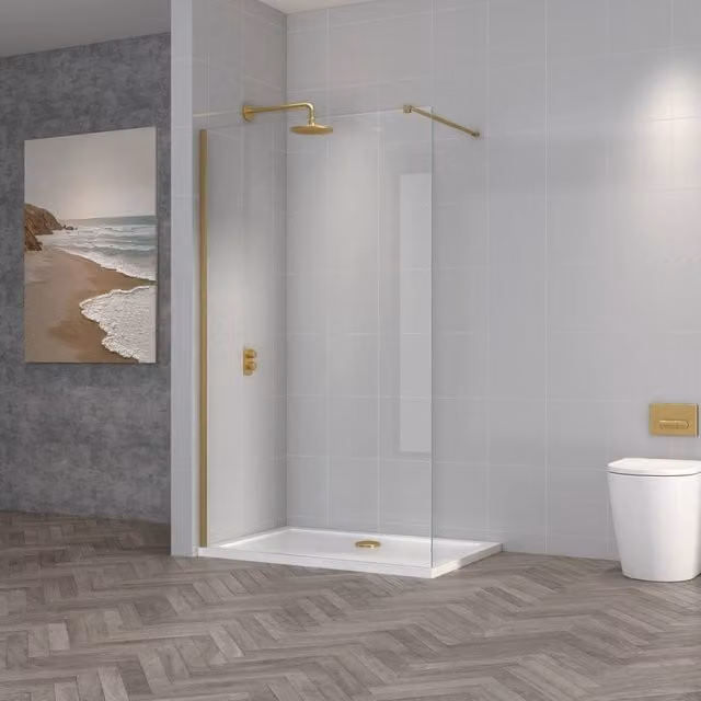 Bathroom Kingdom Vienna Frameless Wet Room Shower Glass Panel in Gold with Easy Clean Coating, W: 900 mm, Thickness: 8 mm