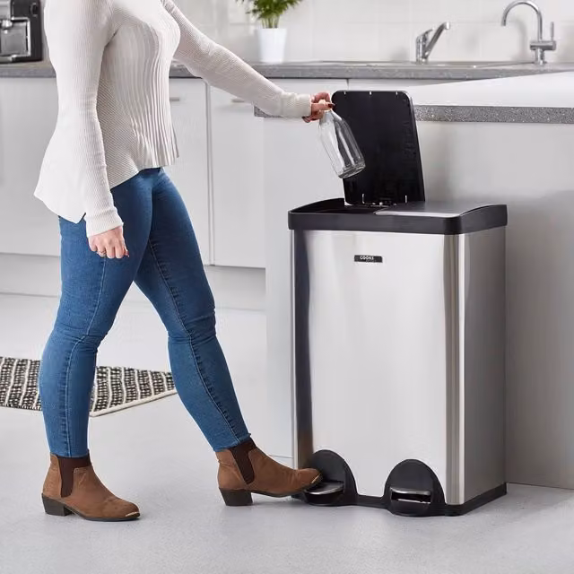Cooks Professional Dual Pedal Bin 60L with 2 Compartments and Soft Close Lids in Silver