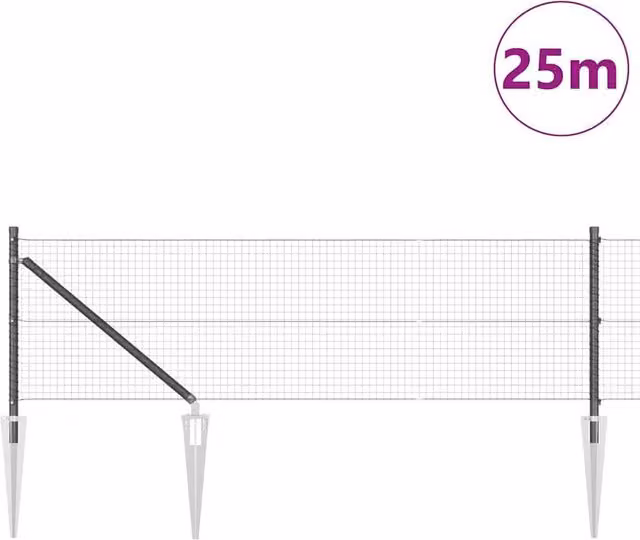 Berkfield Home Modern Welded Wire Fence with 13 Spike Posts, Grey Steel, W: 0.4 m, L: 25 m