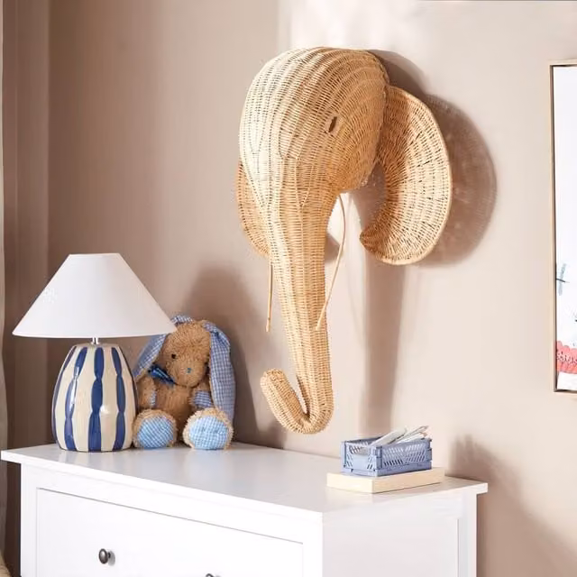 Wyld and Coco Handmade Natural Rattan Elephant Wall Art in Brown and Beige