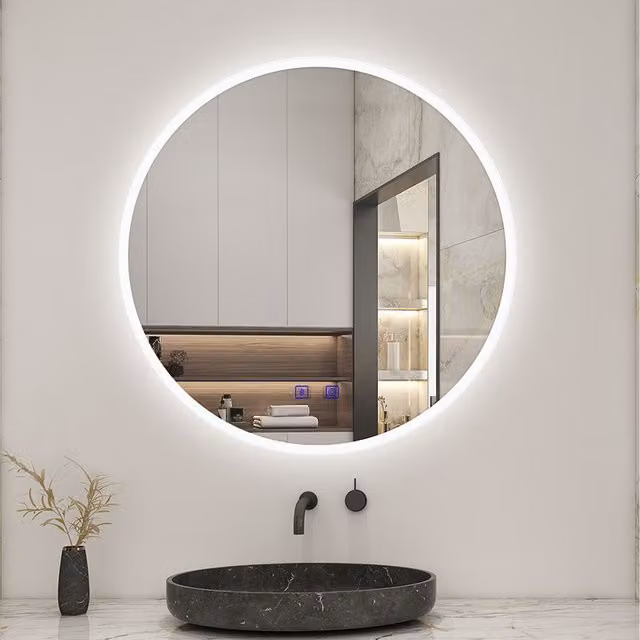 AicaBathroom Round LED Bathroom Mirror with Double Touch Switch in White, Diameter: 80 cm