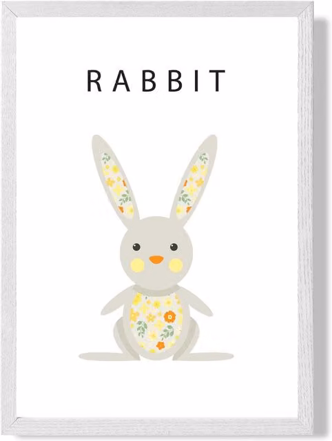 ARTZE Cute Yellow Floral Rabbit Framed Print with White Frame