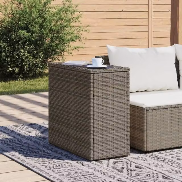 Berkfield Home Grey Poly Rattan Garden Side Table with Glass Top W/D/H: 58 x 27.5 x 55 cm