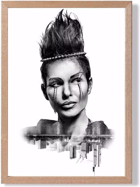 ARTZE Abstract and City Fashion Black and White Framed Photo Print with Oak Frame, A4