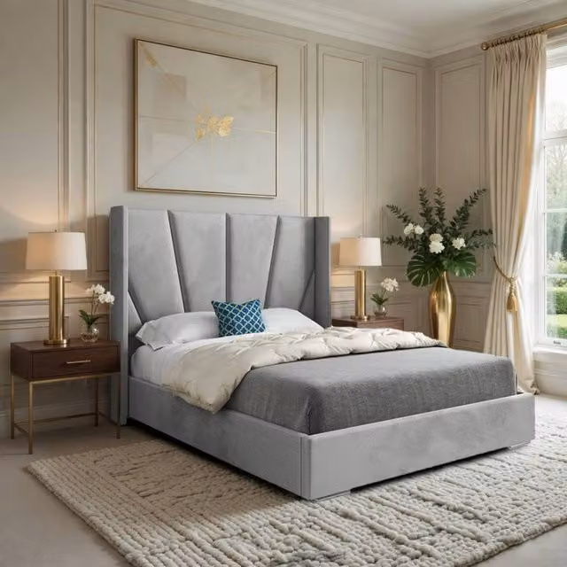 KDMD Godmanchester Grey Velvet Upholstered Curved Designer Bed Frame, W/D/H: 90 x 200 cm