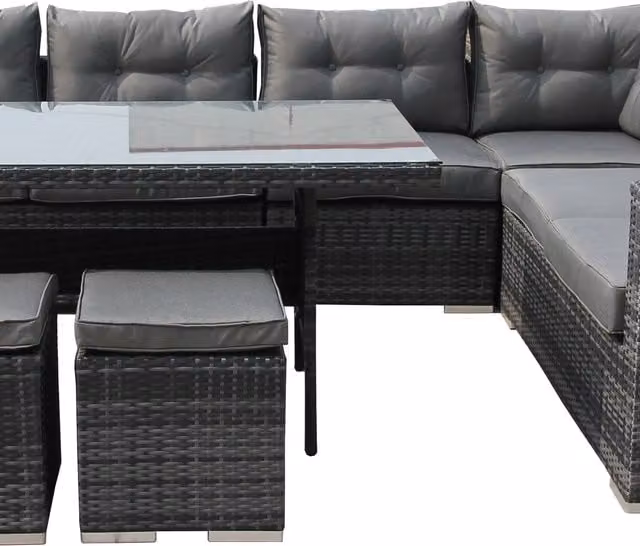 Furniture One 9 Seater Rattan L-Shape Garden Corner Sofa Set with Cushions and Coffee Table in Grey