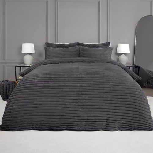OHS Super King Grey Chunky Teddy Duvet Cover and Pillowcase Set with Reverse Fleece