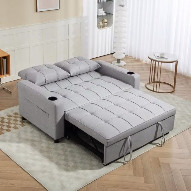 Chilli Seating Grey Fabric Two-Seater Click Clack Pull Out Sofa Bed with Adjustable Headrest and Cup Holders