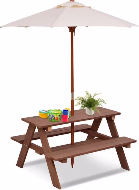 COSTWAY 3-in-1 Kids Wooden Activity Picnic Table in White and Walnut Brown