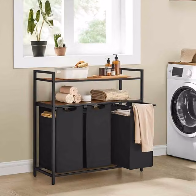 The Bazaarist 3 Bag Laundry Sorter with Pull Out Hampers and Shelves, Rustic Brown and Black