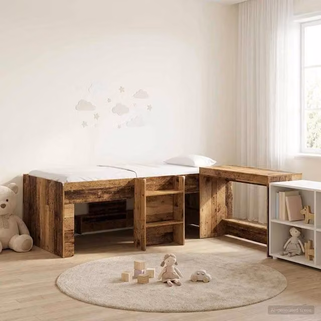 Berkfield Home Kids High Bed Frame with Desk and Stairs in Brown Old Wood Engineered Wood
