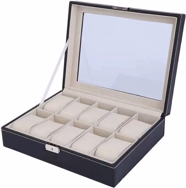 VOGREX 10 Grid PU Leather Watch Display Case in Black, W/D/H: 20.0 x 11.0 x 8.0 cm