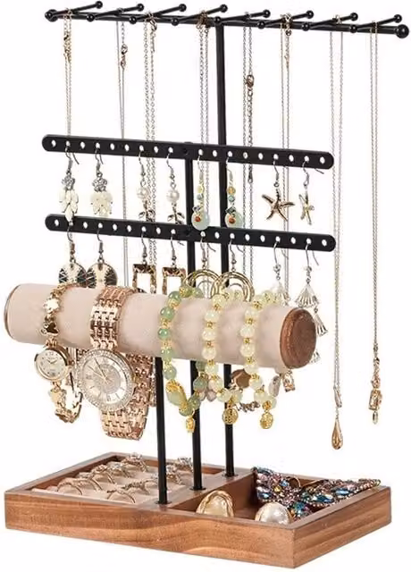 Nordara Rotating Multi-Tier Wood Jewelry Stand and Organizer Tray in Black