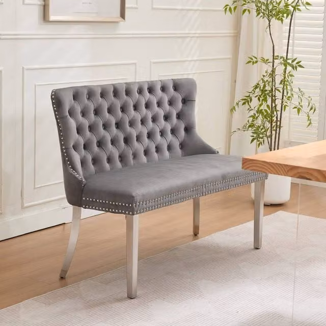 HomeTouch Modern Velvet Double Dining Loveseat Bench with Chrome Steel Legs in Grey