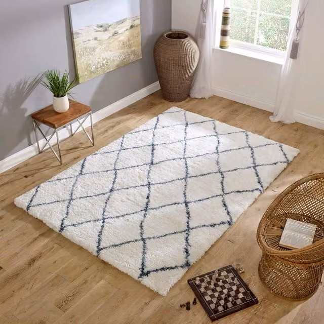 Asiatic Carpets Alto AL03 Moroccan Berber Shaggy Area Rug, Ivory and Blue, W: 230 cm, Pile Height: 50 mm
